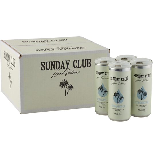 A front view of a carton of Sunday Club Seltzers 